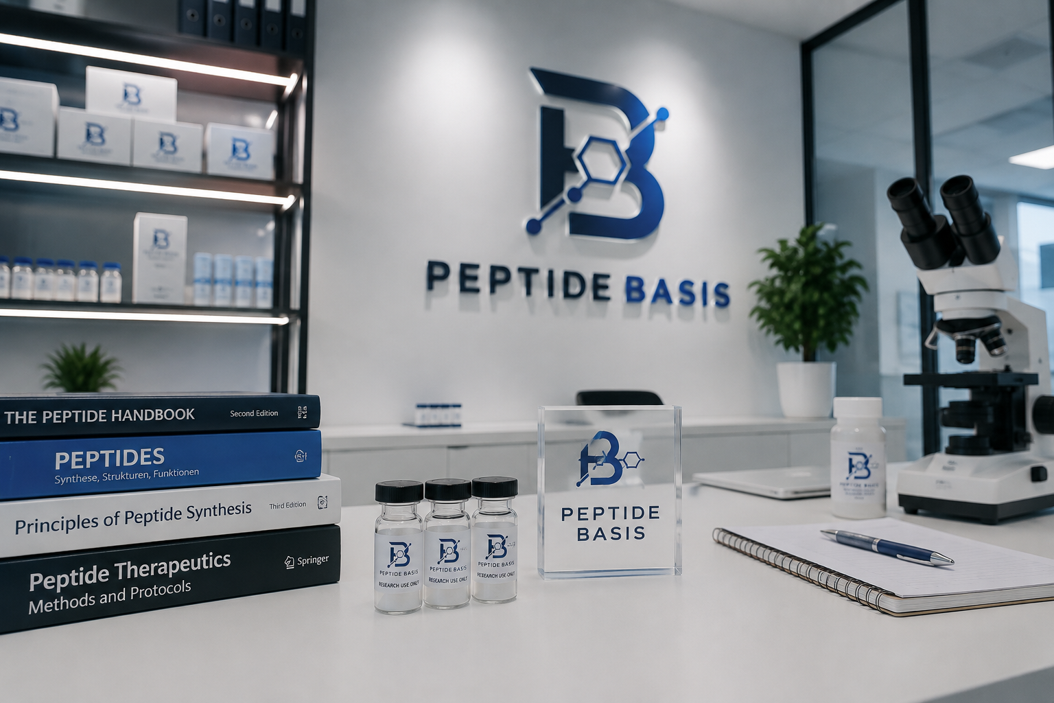 Peptide Basis laboratorium met peptidevials, literatuur en microscoop